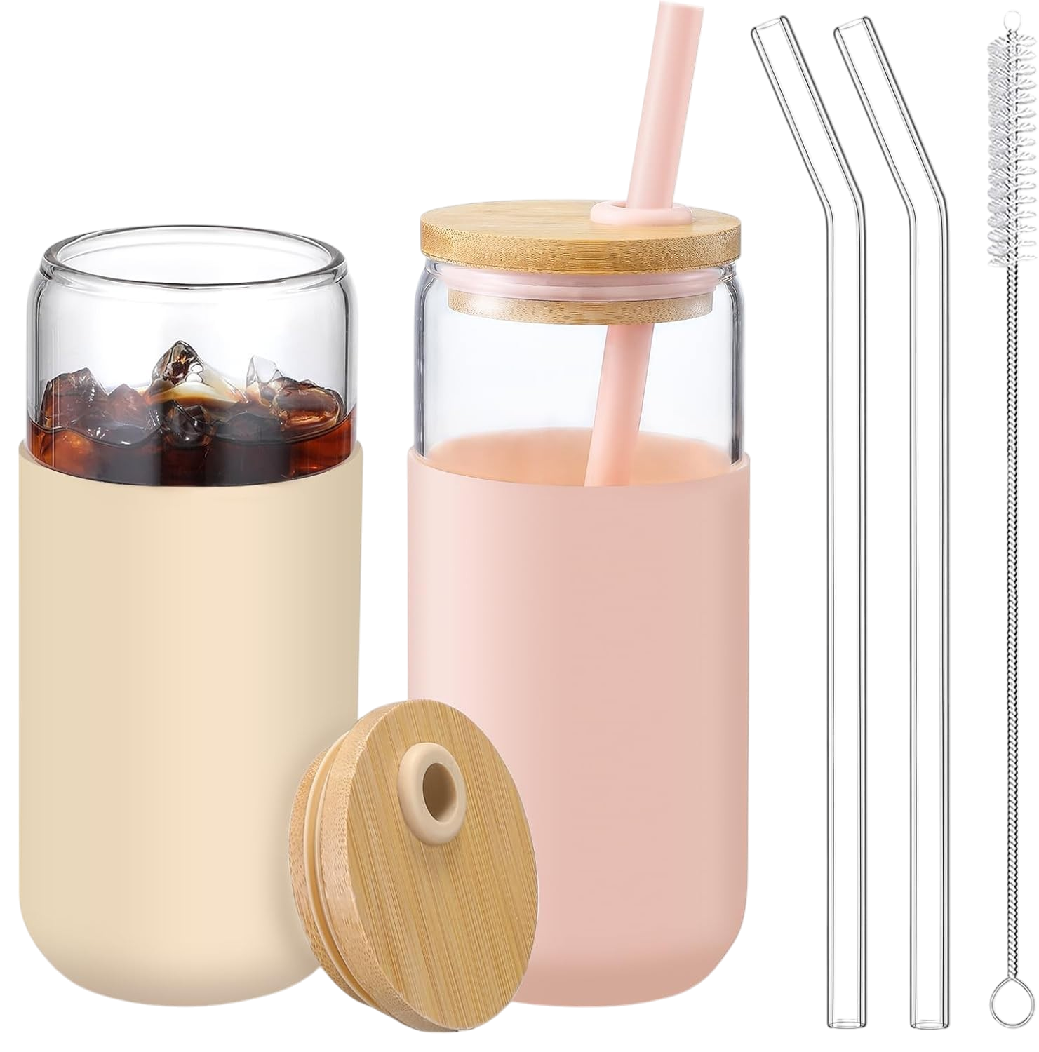 Glass Cups with Bamboo Lids and Straws